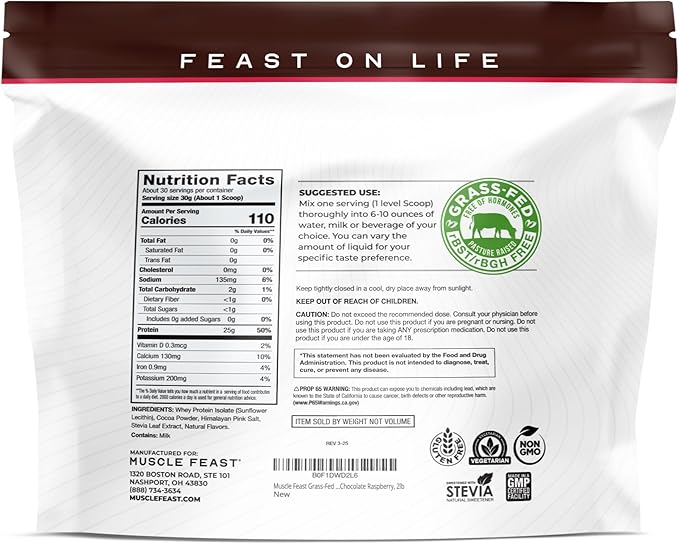 Muscle Feast Grass-Fed Whey Protein Isolate, All Natural Hormone Free Pasture Raised, Whey Isolate Protein Powder for Men and Women, Clean and Delicious, Gluten-Free - Dark Chocolate Rasberry, 2lb