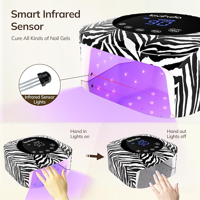 Lavinda UV Light for Gel Nails 54W UV Nail Lamp Cordless Rechargeable Nail Light with 4 Timer, 2X Faster Nail Polish Curing Lamp Nail Dryer for Salon Use-Zebra Pattern