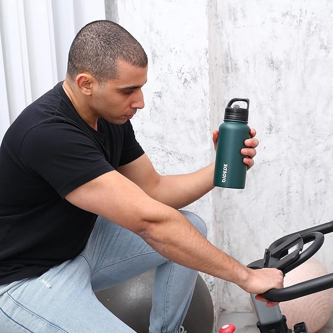 BJPKPK Insulated Water Bottles with Straw Lid, 27oz Stainless Steel Water Bottle with 3 Lids, Leak Proof BPA Free Metal Thermos Mug, Sports Water Bottle Keep Cold & Hot- Midnight (Pack of 5)