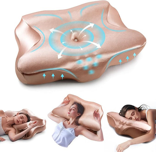Pain Relief Cooling Pillow for Neck Support Adjustable Cervical Pillow Side Sleeping Memory Foam with Super Soft and Cooling Satin Pillowcase Pink