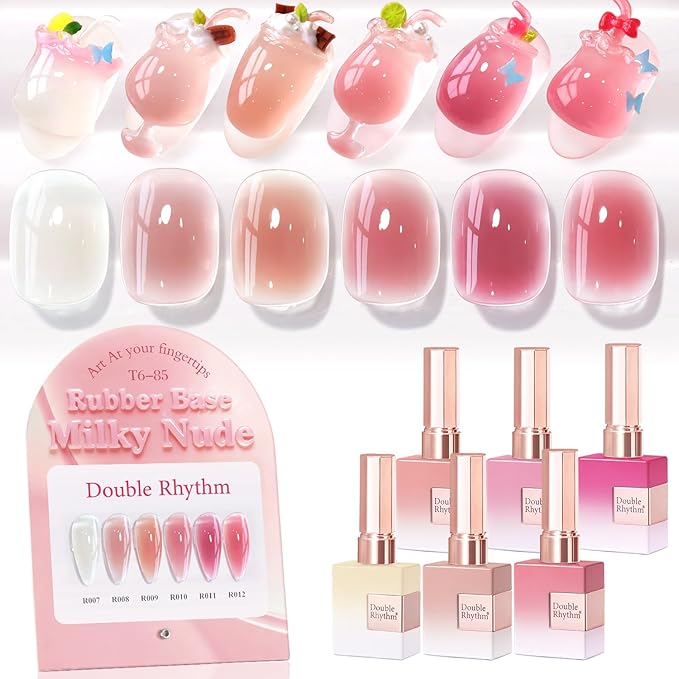 Double Rhythm 6 Pcs 15 ML Gel Polish Set Same Color Same Bottle Soak Off Gel Polish Kit Nail Art Manicure Salon DIY at Home for Women (Milky Nude Pink Rose Purple -T6-85)