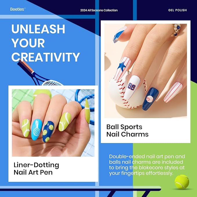 beetles Gel Polish Set, 20 Color Pink Yellow Green Red Blue Gel Nail Polish Blokecore Collection with Sports Nail Charms Base Top Coat and Double-ended Brush DIY Home Rainbow Nails