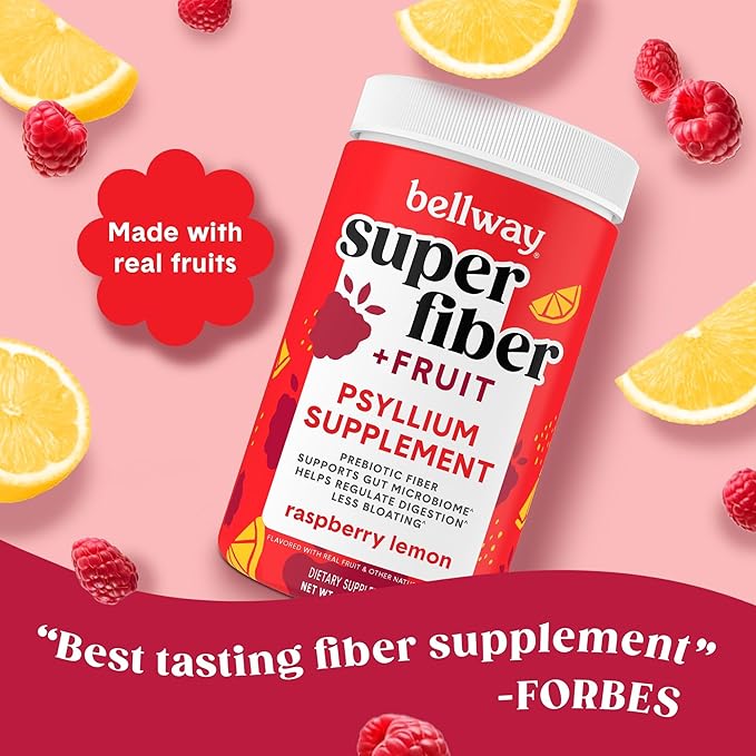 Bellway Super Fiber Powder + Fruit, Sugar Free Organic Psyllium Husk Powder Fiber Supplement for Regularity, Bloating Relief & Digestive Health, Plant-Based, Raspberry Lemon (50 Servings)