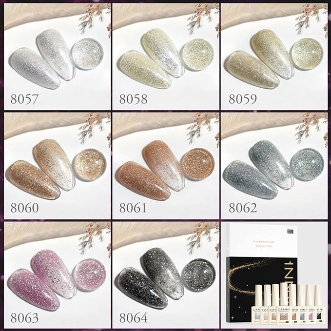 CANNI 8 Pcs 9 ML Glitter Diamond Gel Nail Polish Set, Shimmer Sparkly Shiny Black Gold Silver Blue Green Purple Colors Gel Polish Kit Soak Off Led Nail Art Manicure Salon DIY