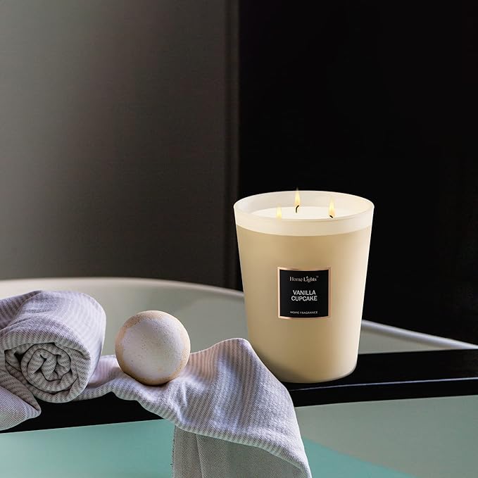 HomeLights Highly Scented Soy Candles Big 33.3 oz for Home. 3 Cotton Wicks, Smokeless Long Lasting 130 hrs in Vanilla Cupcake. 5x6, Great Gift for Women & Men