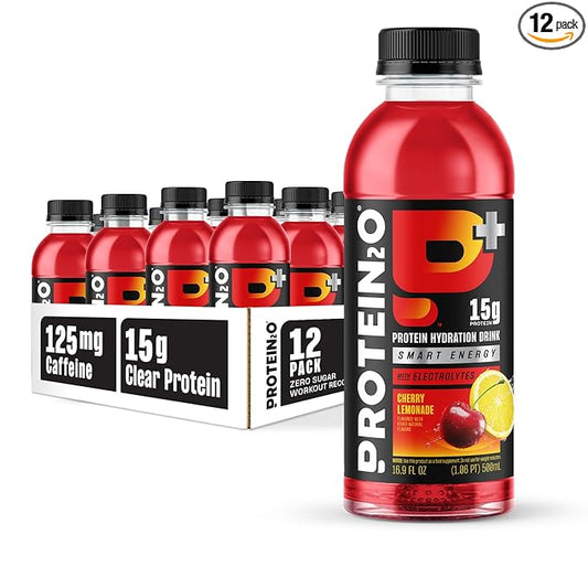Protein2o 15g Whey Protein Isolate Hydration Drink Plus Energy & Focus, 350mg of Electrolytes, 125mg of Caffeine, Sugar Free, Cherry Lemonade, 16.9 oz Bottle (Pack of 12)