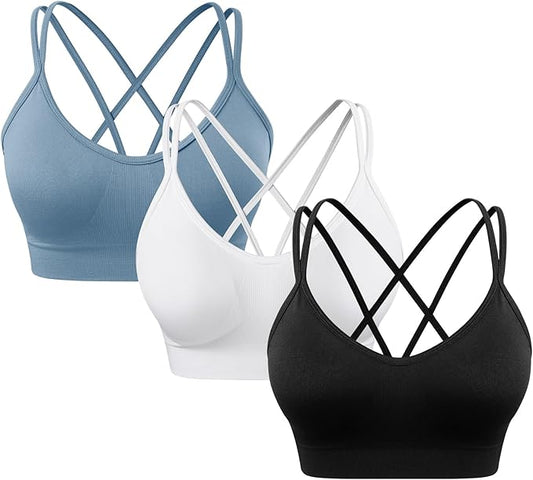 Women's Cross Back Sports Bra Padded Strappy Medium Support Yoga Bra for Workout Fitness 3 Pack