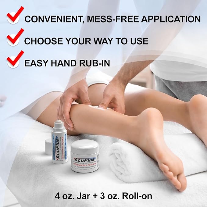 AcuPlus - Topical Pain Relief Anti Inflammatory Cream & Roll On Combo - Soothes Muscles & Joints - Muscle Rub Cream for Arthritis, Bursitis, & Tendonitis - 4 oz. Jar & 3 fl. oz. Roll On