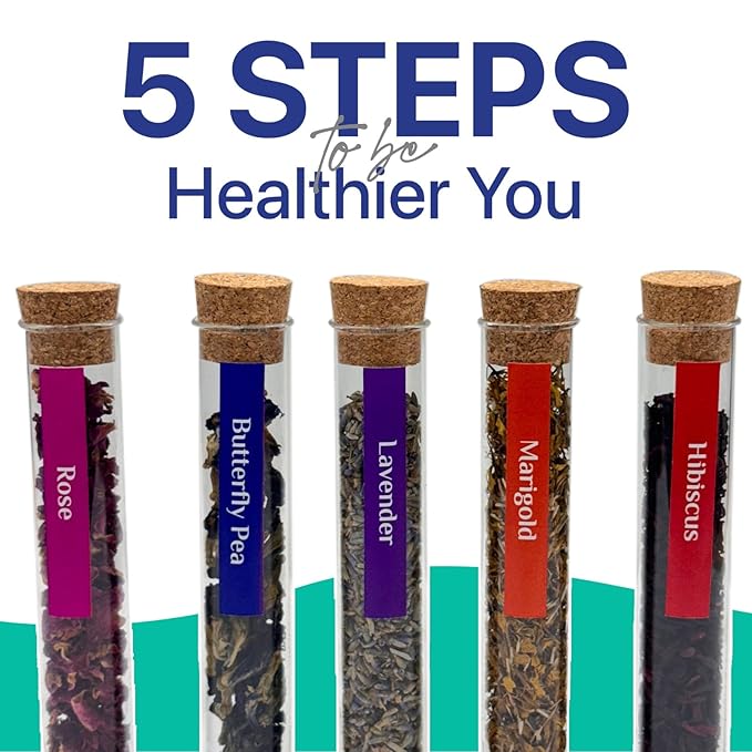 BLUE TEA - Floral Herbal Tea Gift - 5 Flower Tea in Glass Tube | EXOTIC TEA GIFT SET | Flower Based - Loose | Butterfly Pea, Rose, Marigold, Lavender, Hibiscus | Caffeine Free | Variety Tea | Tea Gifts for Women & Men