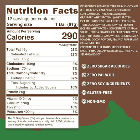 PEAK PROTEIN BARS - Dark Chocolate Mint - Natural - Grass-Fed Whey - 20G Protein - Non GMO - Gluten Free - Real Dark Chocolate (12 Pack)