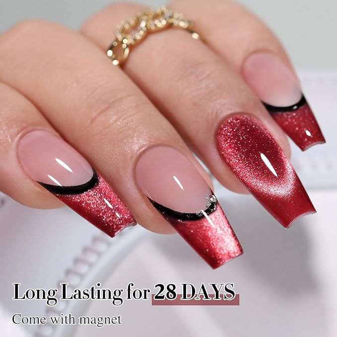 Double Rhythm Jelly Glass Cat Eye Gel Polish with Magnet 15ML Holographic Glitter Shimmer Translucent Sheer Color Magnetic Nail Polish Salon DIY at Home (Dark Red-MC1054)