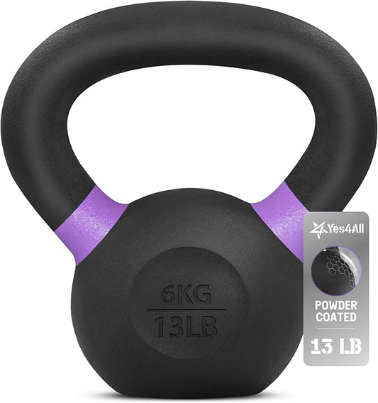 Yes4All Powder Coated Kettlebell, Cast Iron Core Kettlebells with Non-Slip Handle & Flat Bottom for Conditioning, Heavy Duty for Strength Training, 9lb to 71lb - Single & Pair