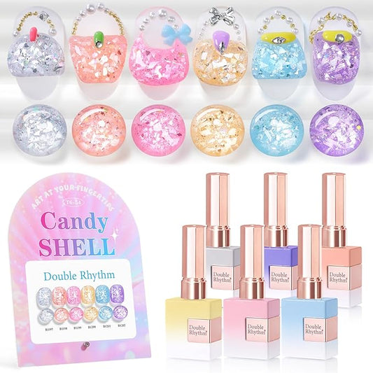 Double Rhythm 0.5 Oz Glitter Gel Polish Set of 6 Color with Display Borad 15 ml Full Size Kit Shimmer Reflective Sparkle Soak Off Manicure Salon DIY at Home (Silver Pink Yellow-T6-54)