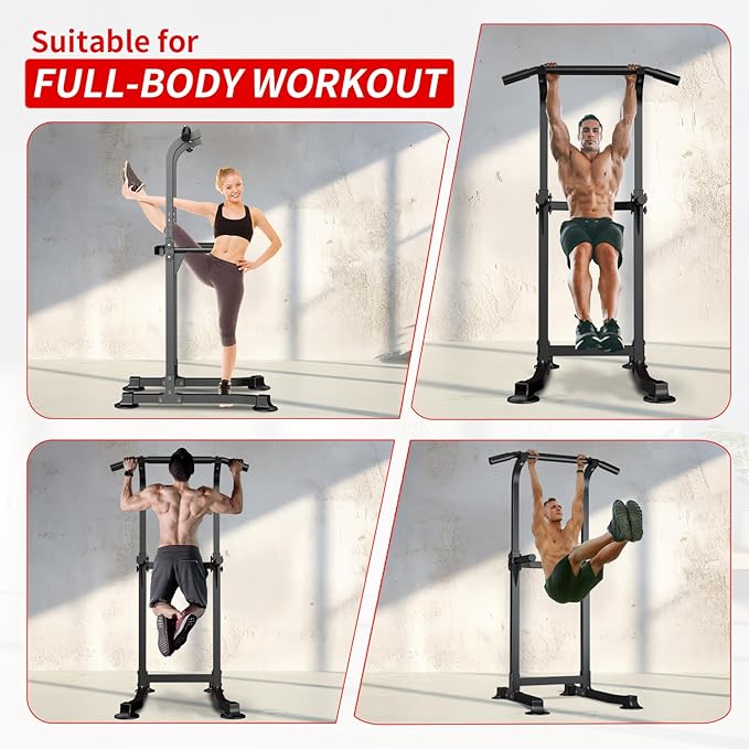 ZENOVA Pull Up Bar Dip Bar Power Tower Workout Dip Station Height Adjustable Free Standing Chin Up Bar Home Gym Equipment 300LBS Weight Capacity (Black)