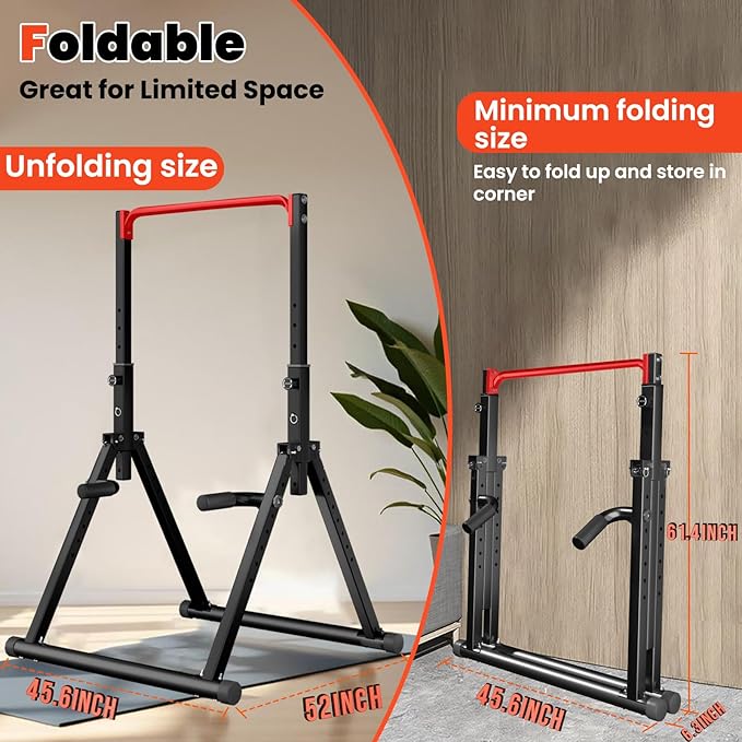 DOBESTS Foldable Power Tower Pull Up Bar Dip Station Adjustable Multifunction Workout Pull Up Tower Station Gym Strength Training Equipment for Home Outdoor, Triangular Legs, Support 700lbs