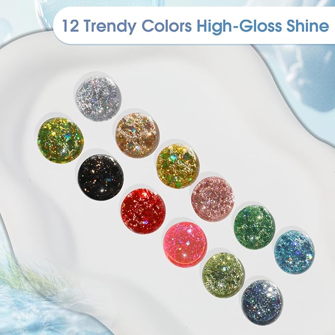 ROSALIND Glitter Sequins Gel Polish - 12 Colors Glitter Gel Nail Polish Set Stellar Shiny Effect Soak Off UV Set Super Sparkling Nail Art Collection Manicure Gift for Women