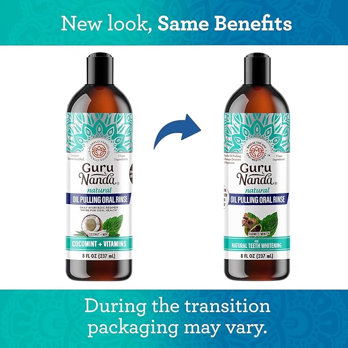 GuruNanda CocoMint Oil Pulling Mouthwash for Complete Oral Hygiene, 7 Essential Oils & Vitamins for Happy Teeth & Gums & Fresh Breath, with 2 Toothbrushes & 2 Tongue Scrapers, Alcohol-Free, 3X8 oz