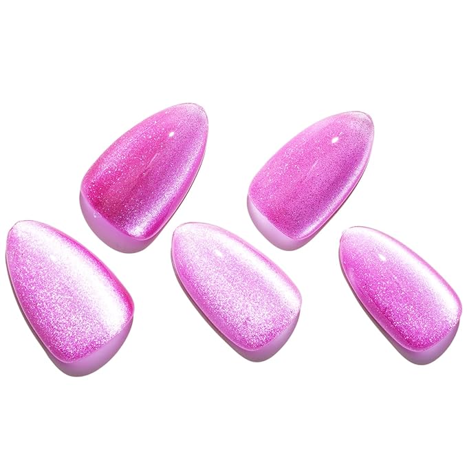 GLAMERMAID Pure Purple Magnet Cat Eye Press on Nails Short Almond, Carmine Handmade Jelly Gel Fake Nail Kits, Ombre Glitter Magnetic Glue on Nail Stiletto，Medium Oval Stick on False Nail Set for Women