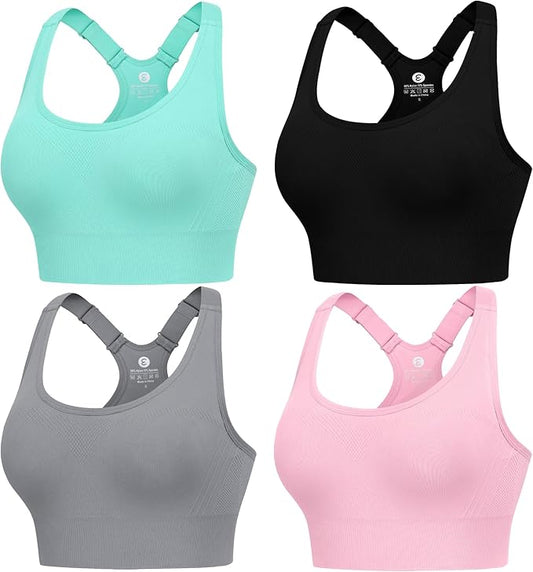 Evercute Adjustable Sports Bras for Women 3/4 Pack Racerback High Support Bras Padded Workout Bras Seamless Yoga Athletic Bra