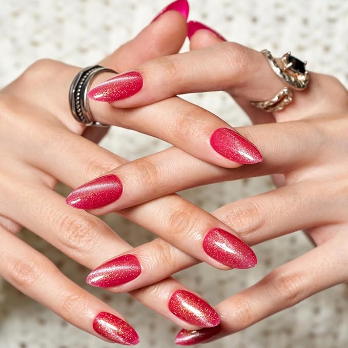 GLAMERMAID Hot Pink Magnet Line Cat Eyes Press on Nails Short Almond, Handmade Glitter Gel Fake Nail Kit, Ombre Glitter Magnetic Glue on Nail Stiletto, Medium Oval Stick on False Nail Set for Women