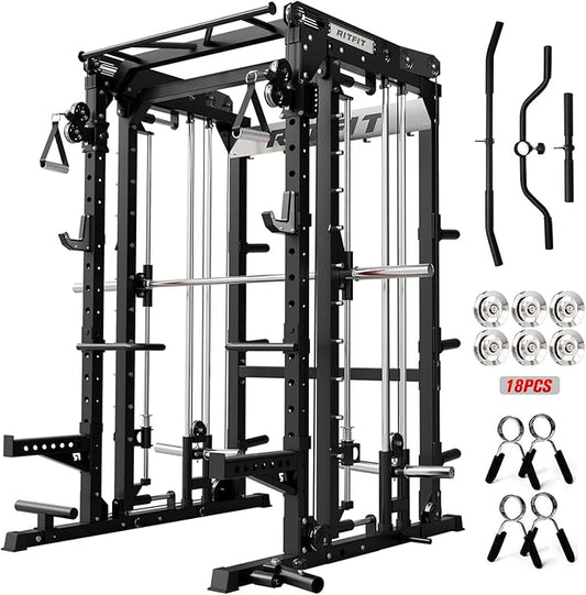 RitFit M2 PRO-3D Smith Machine with Weight Stack, 3D Functional Trainer & Power Cage, 308.6lbs Stack, 16 Adjustment Holes, 6 Storage Pegs for Full-Body Home Gym