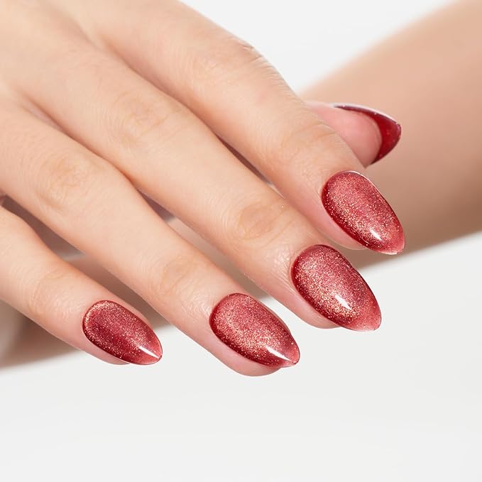 GLAMERMAID Bright Red Magnet Cat Eyes Press on Nails Short Almond, Amber Scarlet Handmade Gel Fake Nail Kit, Ombre Glitter Magnetic Glue on Nail Stiletto, Medium Oval Stick on False Nail Set for Women