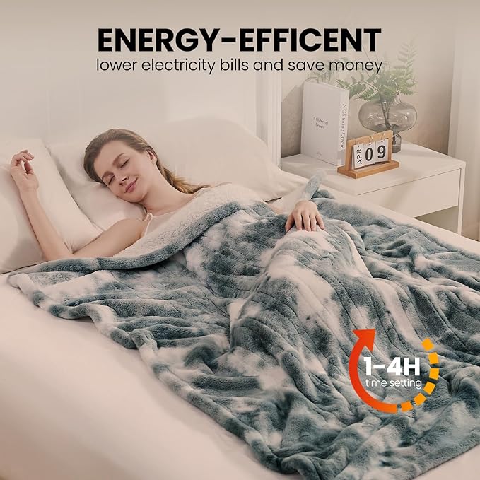 Electric Heated Blanket 84"x90",Luxury Freshwater Blue Faux Fur Electric Queen Blanket,Fast Heating Soft Fluffy Thick Electric Blanket with 6 Heating Levels & 12H Auto Off