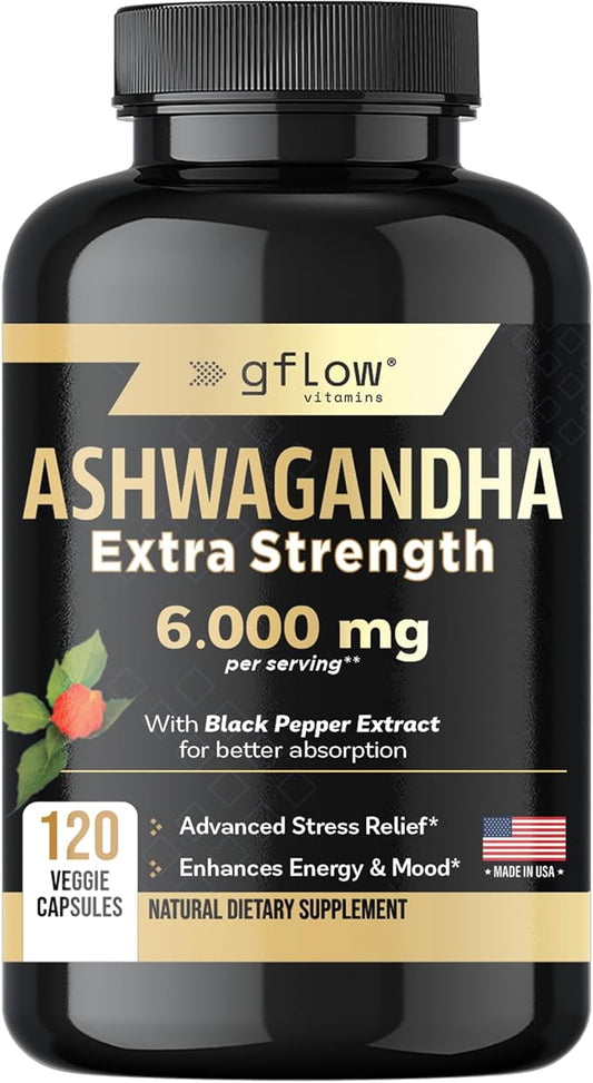 Ashwagandha Supplements for Women and Men 6000mg | Sleep, Mood and Energy Support | Extra Strength, Vegan Friendly, Non-GMO, Made in USA