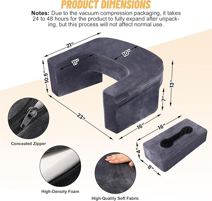 Reading Pillow & Gaming Pillow for Lap, Lap Desk Pillow for Gaming with Coaster, Soft Arm Rest Pillow for Adult, Memory Foam Rest Pillows for Reading, Working, Sitting in Floor Sofa, Grey