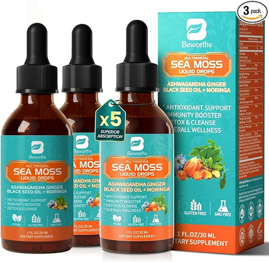 3Pack Sea Moss Drops - Irish Sea Moss Chlorophyll Liquid with Black Seed Oil, Ashwagandha, Moringa, Turmeric, Elderberry, Mullein, Seamoss Gel Supplement for Liver Cleaner, Detox & Gut, Immune Support