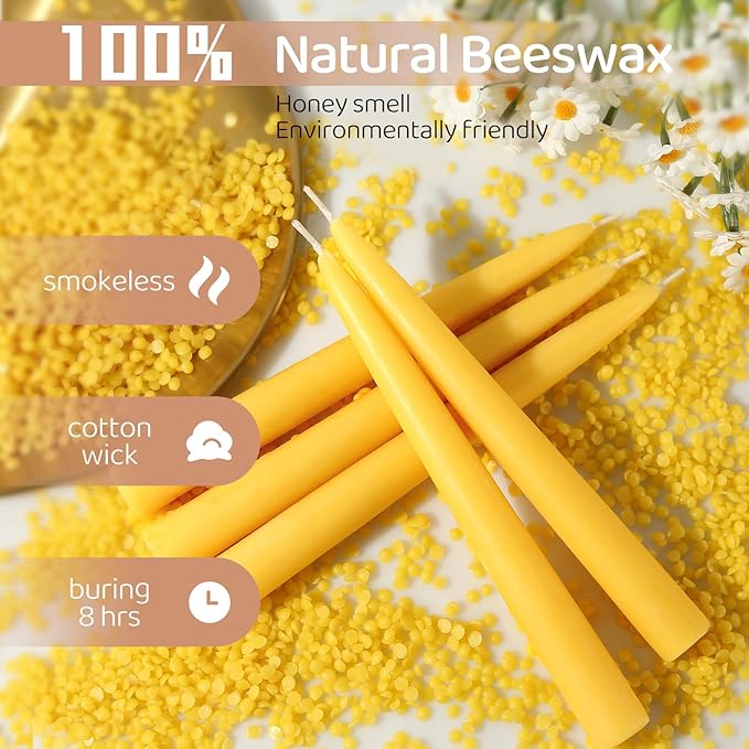 12 Pack Beeswax Taper Candles,8in Dripless Pure Beeswax Candles Non Toxic,8 Hours Long Burning 100% Natural Candle Sticks,Smokeless and Unscented Bees Wax Candle for Home,Prayer,Tall Tapered
