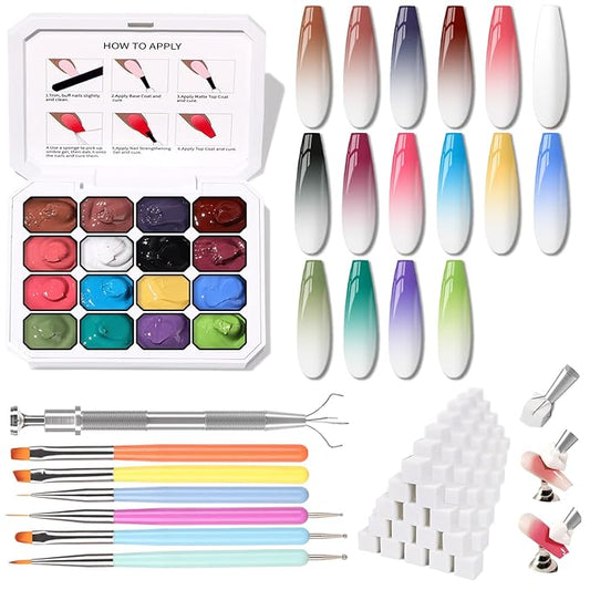 Sponges Pat Gel Nail Polish Palette, 16 Colors Blending Ombre Gel Polish Set Patting Gradient Painting Nails Art, No Wipe, UV/LED Cured, 100Sponges 6Brushes 1Grabber Tools Kit (Set 02)