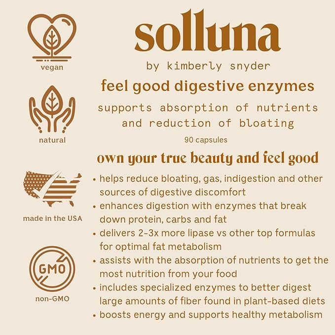 Solluna by Kimberly Snyder Digestive Enzymes Lipase, Amylase, Protease, Alpha-Galactosidase, Cellulase for Digestive Health, Nutrient Absorption, Stomach Pain, Gas & Bloating (90CT) Vegan & Non-GMO