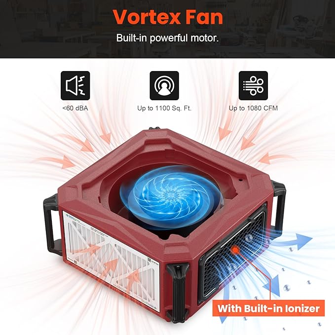 Abestorm 270 Degree Air Filtration System, Built-in Ionizer, 1080 CFM Dust Collector with Strong Vortex Fan, Suitable for Woodworking Shop, Garage, Workshops, 2-speed Adjustment, DecDust 1080IG