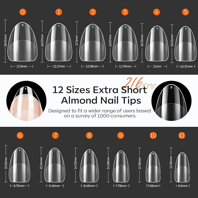 modelones Extra Short Almond Nail Tips, Pre-shaped Tips x Gel Soft Fake Nails False Acrylic Clear Full Cover Press on Extension Kit x Gel Manicure DIY at Home 216PCS 12Sizes