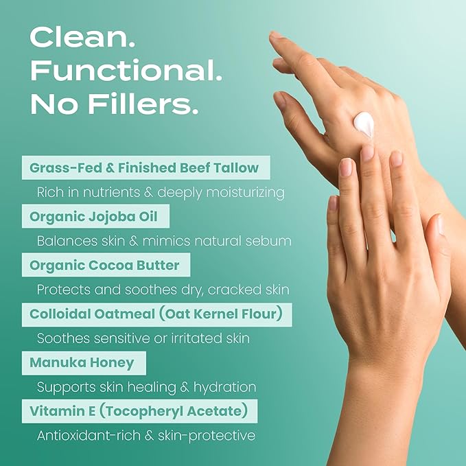 Body Restore Grass Fed Whipped Beef Tallow for Dry Skin, Face - Manuka Honey, Jojoba Oil, Christmas Stocking Stuffers, White Elephant, Birthday Gifts for Women, Men, Travel Essentials - Eucalyptus