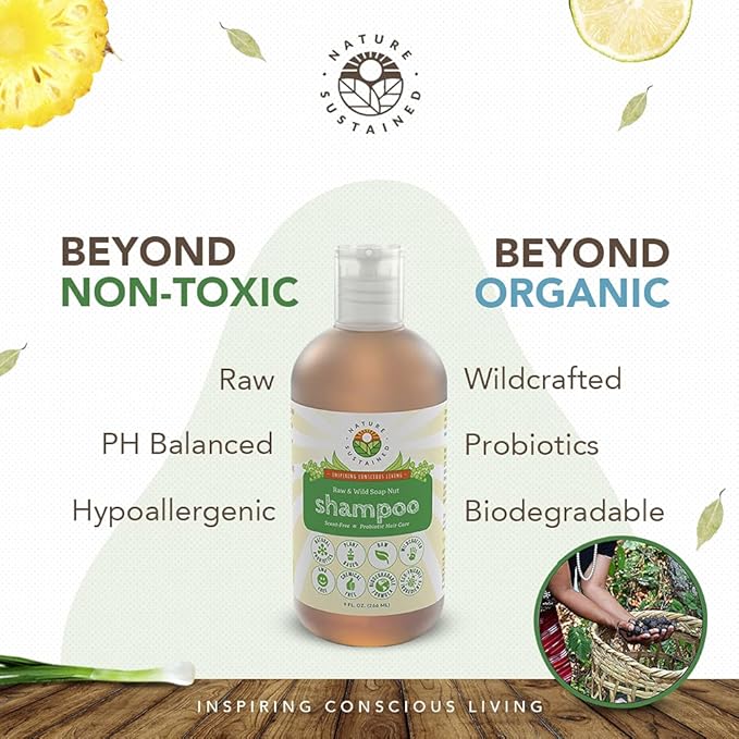 Nature Sustained Organic Shampoo - Raw & Wildcrafted with Probiotics, Hypoallergenic Natural & Sulfate Free Shampoo for Sensitive Scalp, Dry Hair, Dandruff, Eczema & Psoriasis, 9oz, Lemongrass