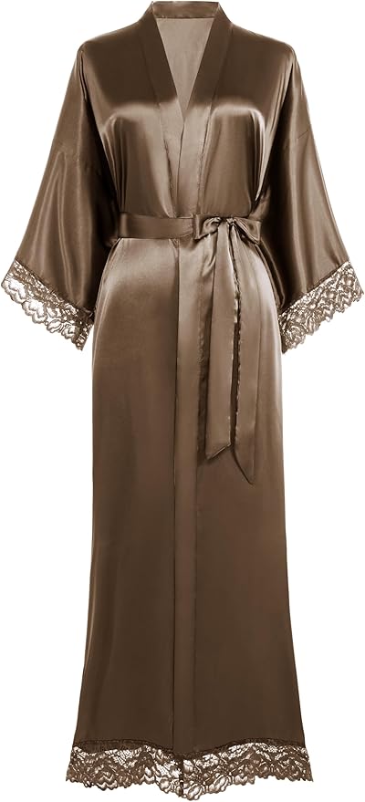 BABEYOND Satin Kimono Robe Silky Long Bridesmaid Wedding Lightweight Bath Robe with Lace Trim