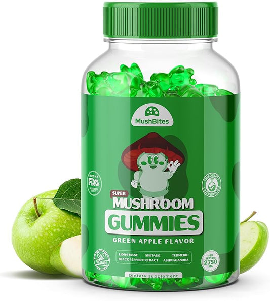Organic Lions Mane Mushroom Gummies – Delicious Green Apple Flavor Lion's Mane Gummy – 10 Mushroom Superfood Blend – Supports Focus, & Clarity, Vegan 90 Ashwagandha Gummies