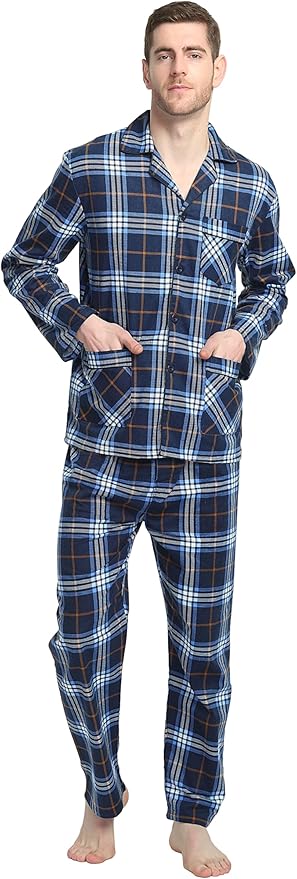 GLOBAL Men's Pajamas Sets 100% Cotton Flannel Sleepwear Long-Sleeve top & Bottom
