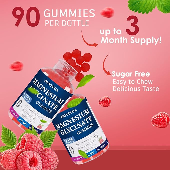 Magnesium Glycinate 400mg Gummies, Sugar Free Magnesium Gummies with Vitamins D, B6 for Sleep Support, Stress and Muscle Relief for Men and Women, 90 Count