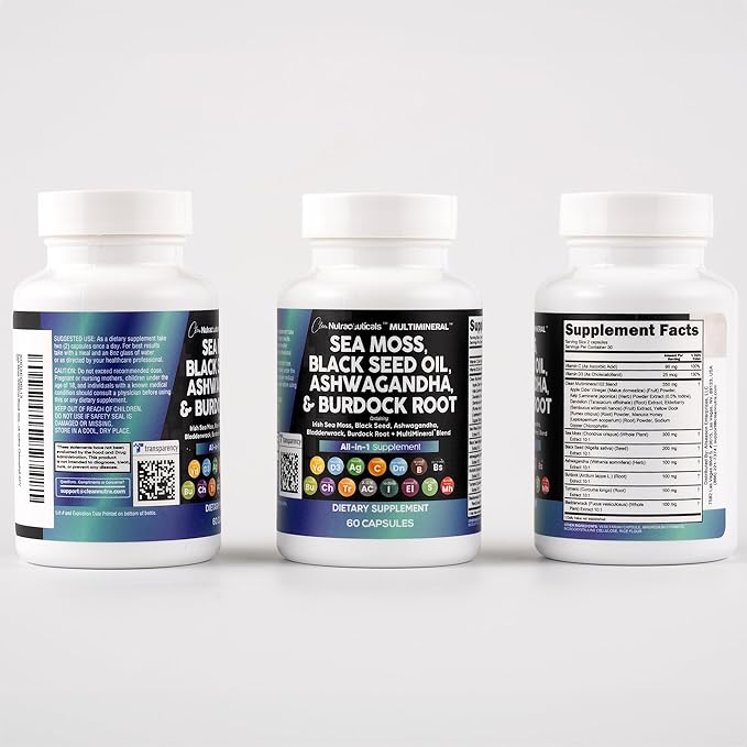Sea Moss Black Seed Oil Ashwagandha Turmeric Bladderwrack Burdock & Vitamin C Vitamin D3 with Elderberry Manuka Dandelion Yellow Dock Iodine Chlorophyll ACV