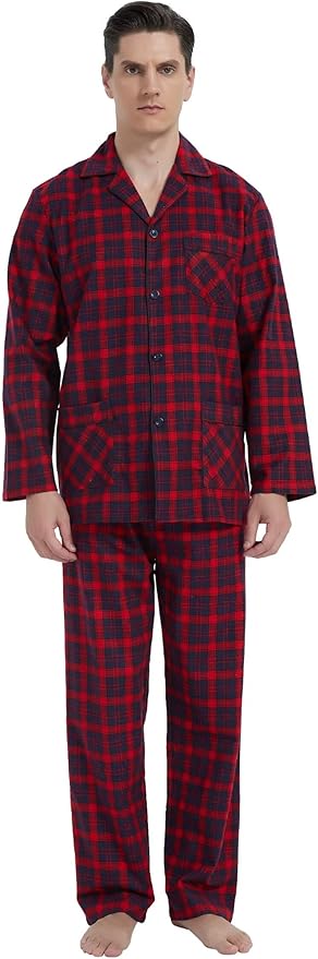 GLOBAL Men's Pajamas Sets 100% Cotton Flannel Sleepwear Long-Sleeve top & Bottom