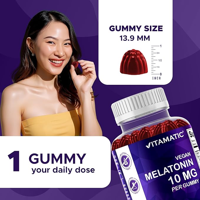 Vitamatic Melatonin 10 mg Vegetarian Gummies – Non-Habit Forming – 60 Gummies per Bottle – 2-Pack (Total 120 Vegan Gummies)