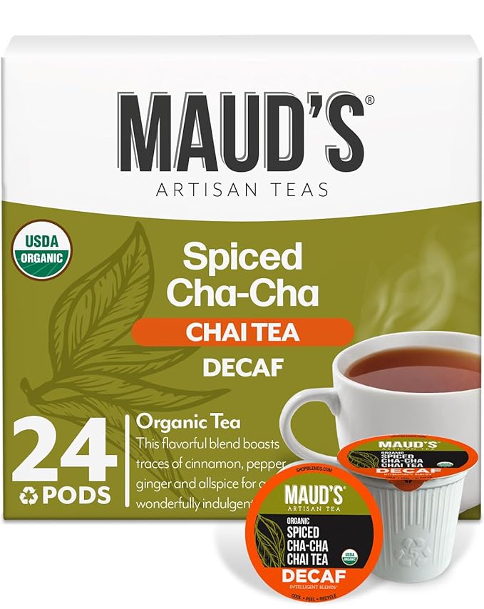 Maud's Organic Decaf Chai Tea Pods, 24 ct, Recyclable Single Serve Tea Pods – 100% Gourmet Blended Tea Leaves, Compatible with Keurig K Cups Maker
