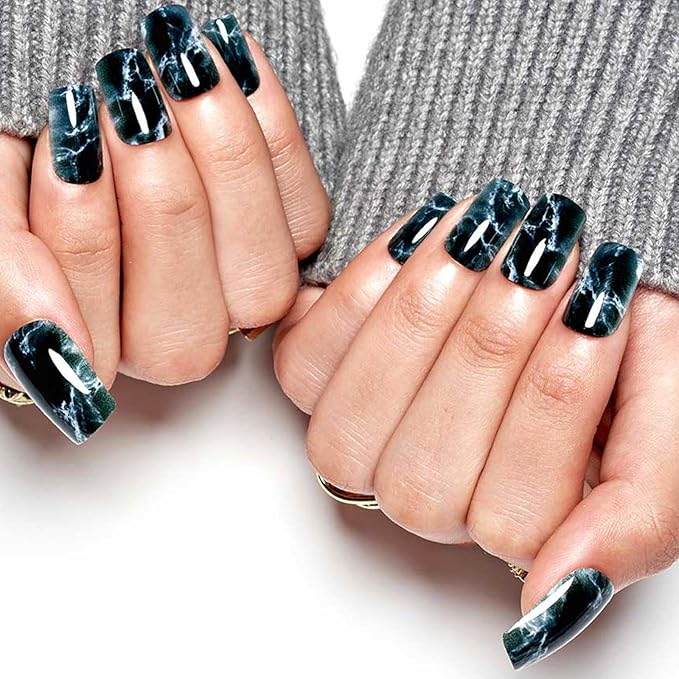 GLAMERMAID Ombre Press on Nails Medium Square, White Marbling in Black Jelly Gel Nails Square Fake Nails, Glossy Stick Glue on Nails Kit for Women, Reusable Stick on Acrylic Fake Nails Manicure Set