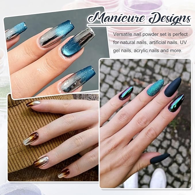 24 Colors Chrome Nail Powder Set Holographic Iridescent Mirror Effect Metallic Nail Powder Unicorn Aurora Pearl Dust Nail Pigment for Gel Nails DIY Nail Decorations