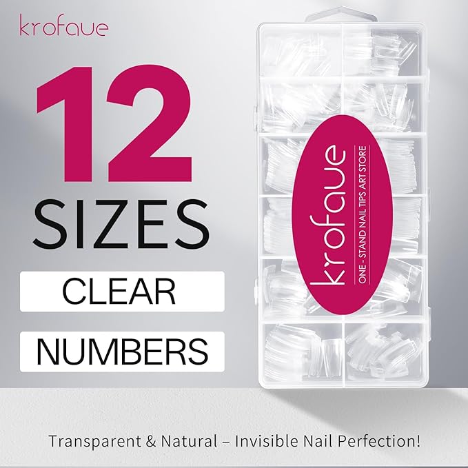 krofaue 504PCS Clear Fake Nails - Half Cover French Nail Tips 12 Sizes Acrylic Soft Gel Square False Tips Gift for Nail Extension DIY & Salon