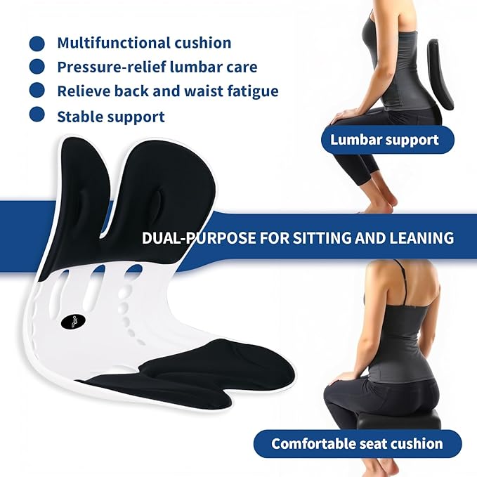 Ergonomic Back Support for Office Chair Cushion with Lumbar Pillow - Posture Corrector for Desk Chairs, Comfortable Memory Foam Seat Cushion for Lower Back Pain Relief (Black)