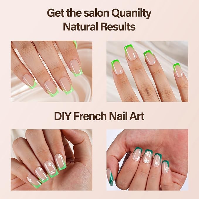 150Pcs French Gel Nail Tips, Vansiho Short Square Nail Tips, Green Pre-French Tips Press on Nails, Soak Off Soft Gel Acrylic Fake Nails for Nail Art DIY 15 Sizes